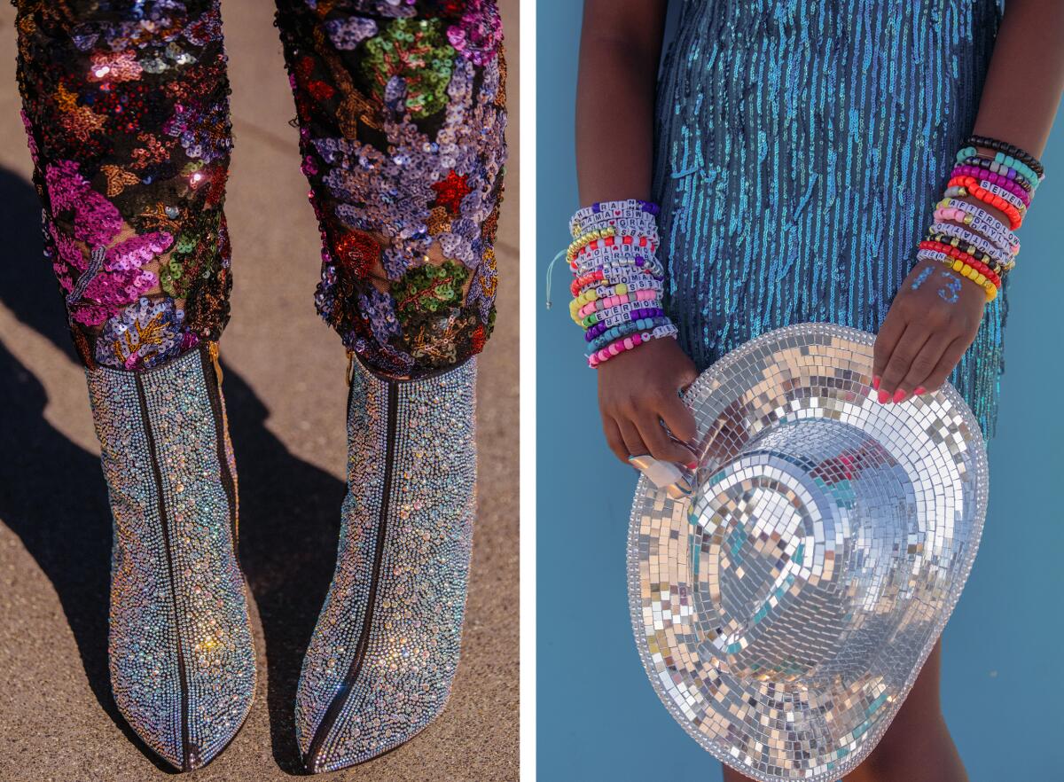 A diptych of sparkly outfits at a Taylor Swift concert.