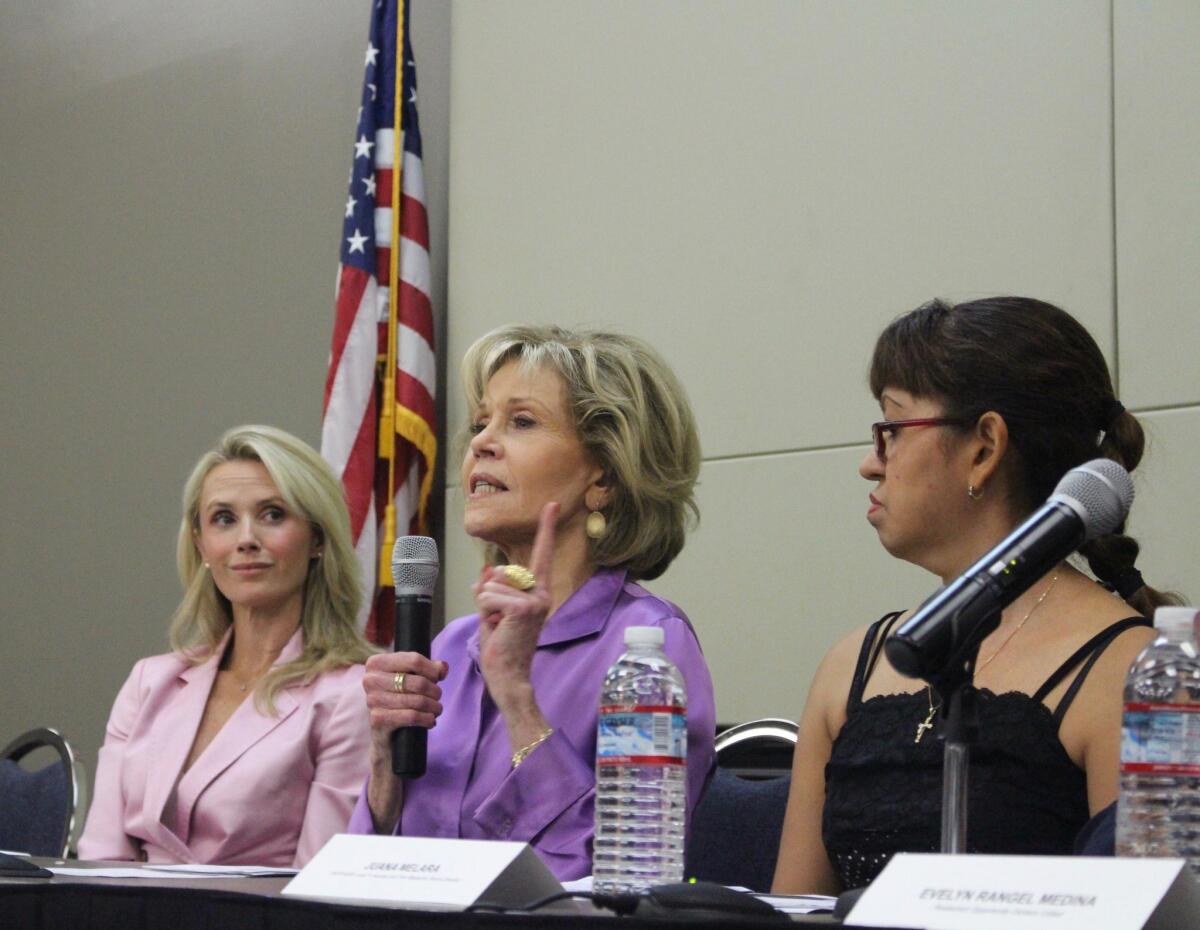 Jennifer Newsom, Jane Fonda, and Juana Melara discuss workers' rights.