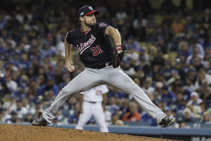 Max Scherzer pitches for the Washington Nationals against the Dodgers on Oct. 4, 2019.