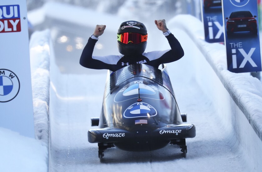 Bobsleigh pilot Kaillie Humphries reacts at the finish line.