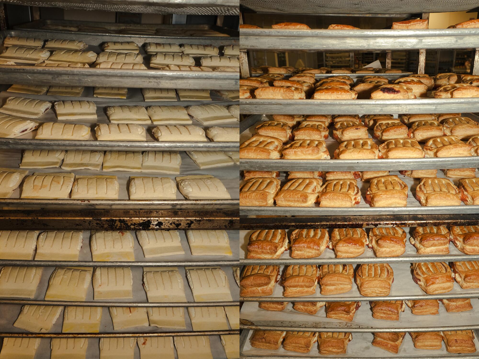 Before and after of baked pastries at Porto's Bakery.