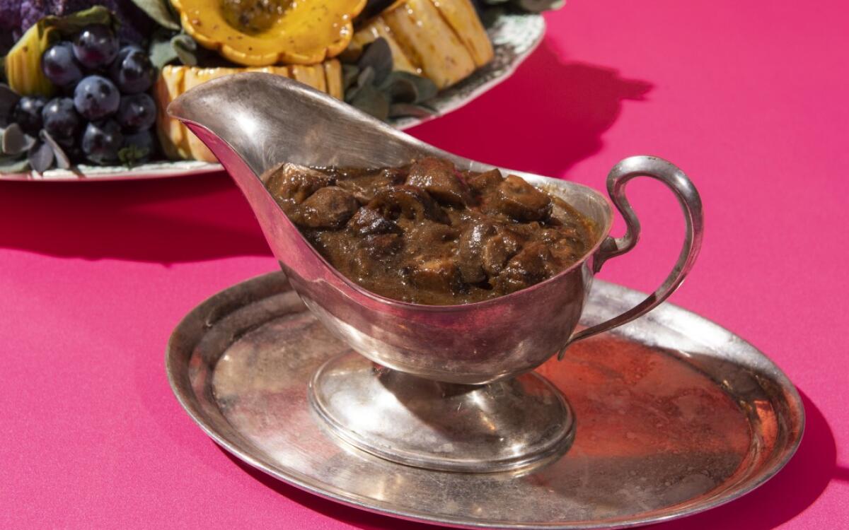 Double Mushroom Gravy in a silver gravy boat