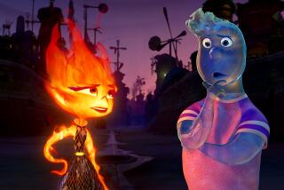 Ember (voiced by Leah Lewis) and Wade (Mamoudou Athie) in the movie “Elemental.”
