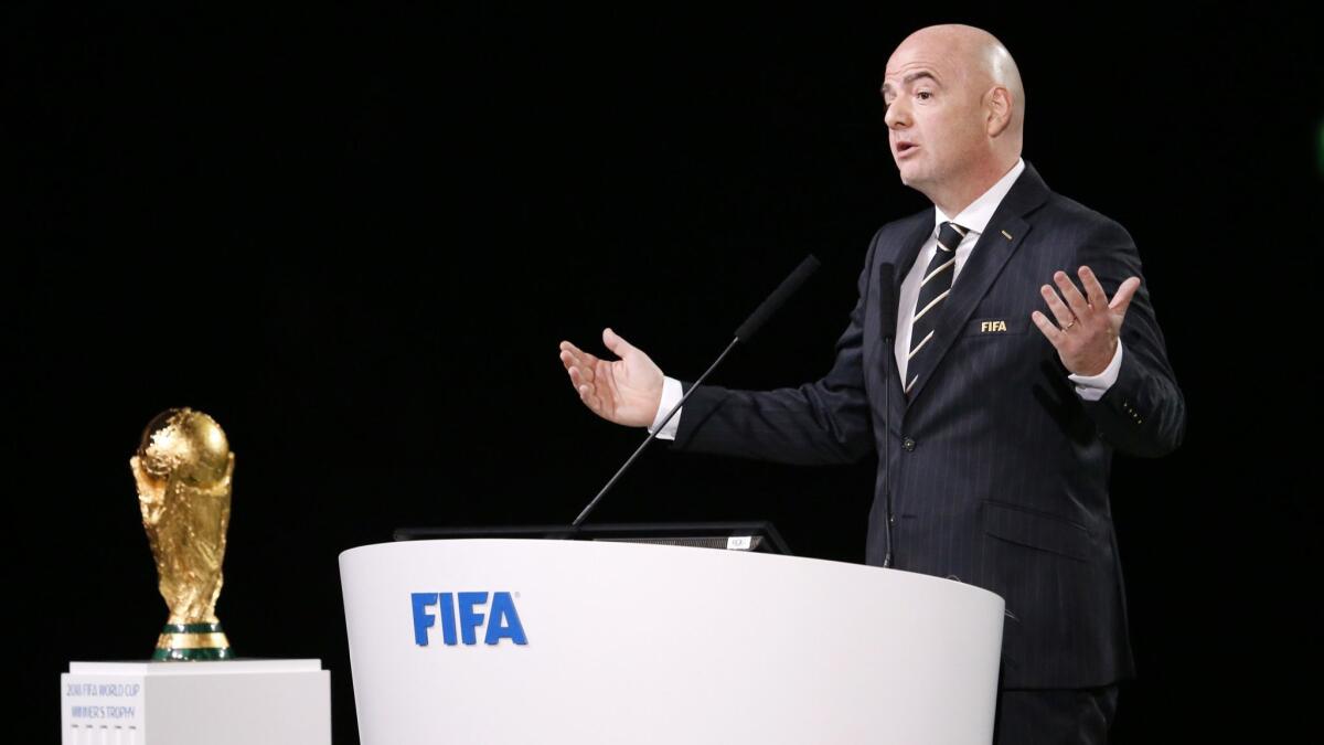 FIFA President Gianni Infantino delivers a speech at the FIFA congress on June 13 in Moscow.