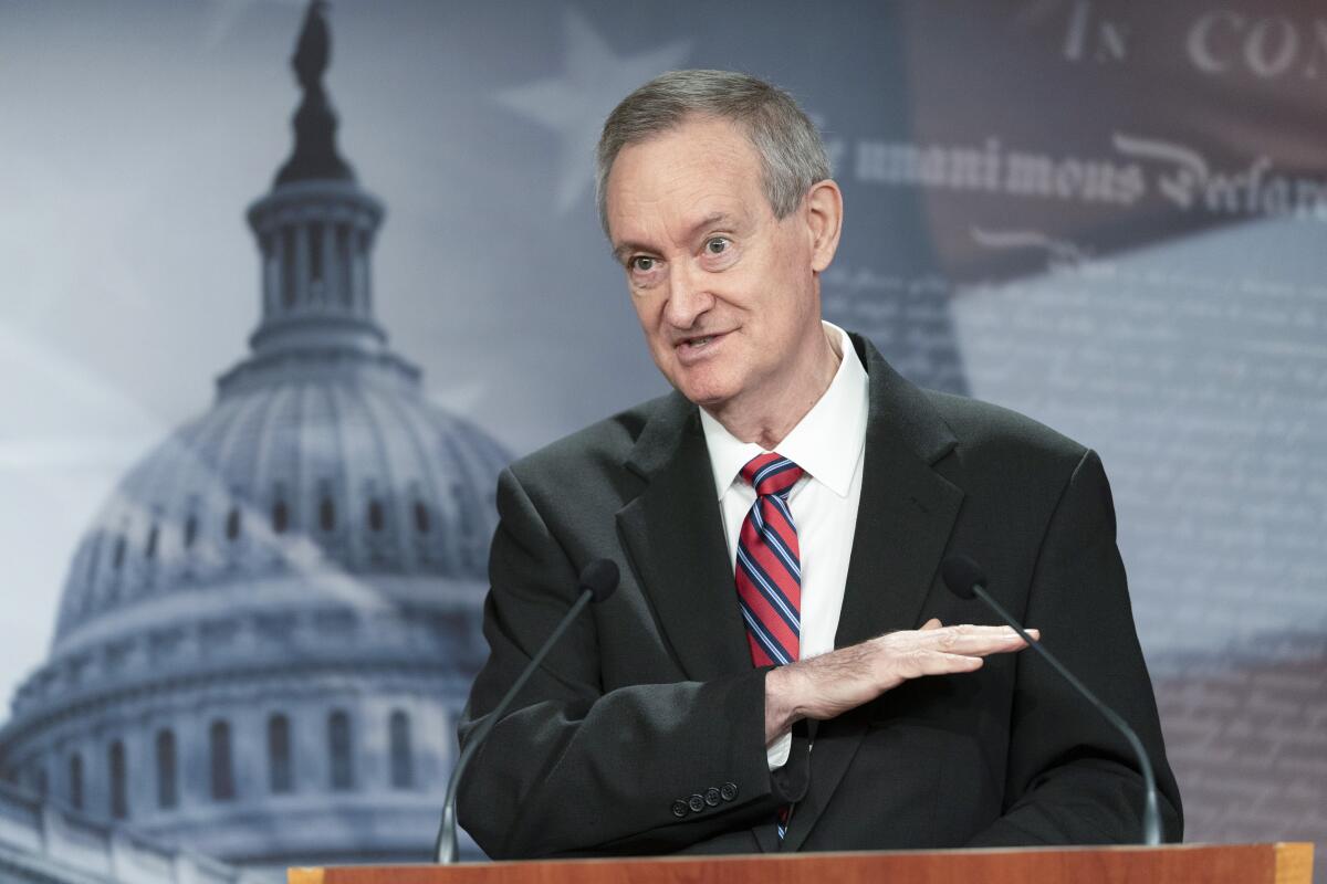 FILE - Senate Finance ranking member Sen. Mike Crapo, R-Idaho, speaks during a news conference on IRS reporting requirements, on Tuesday, Oct. 19, 2021, on Capitol Hill in Washington. Crapo is seeking reelection in the Nov. 8, 2022 election.(AP Photo/Jacquelyn Martin, File)