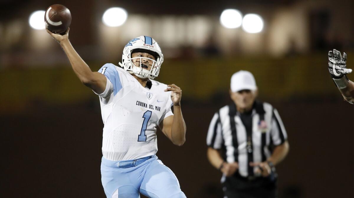 Corona del Mar High quarterback Nathaniel Espinoza (1) was the Pacific Coast League MVP in football. He passed for 2,460 yards and 29 touchdowns, with only four interceptions, and rushed for 803 yards and 15 touchdowns.
