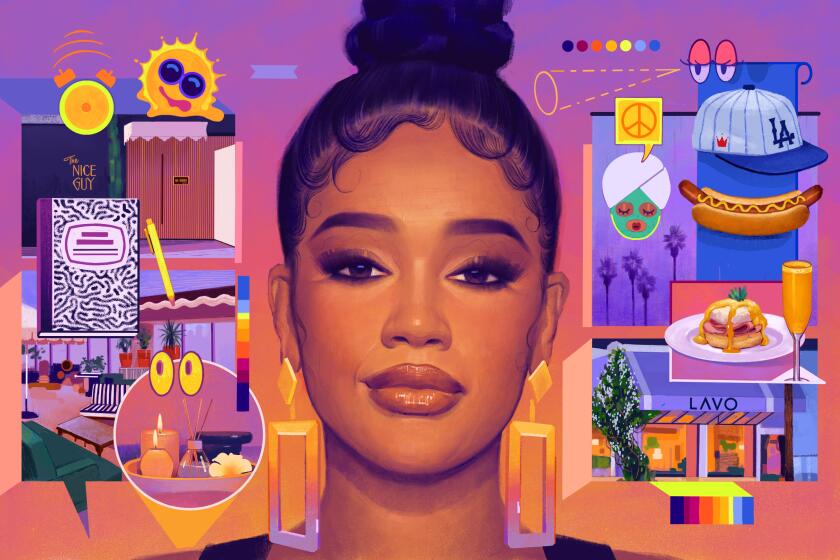 Illustration of rap artist Saweetie surrounded by LA-related activities and objects like restaurants, a spa and food.