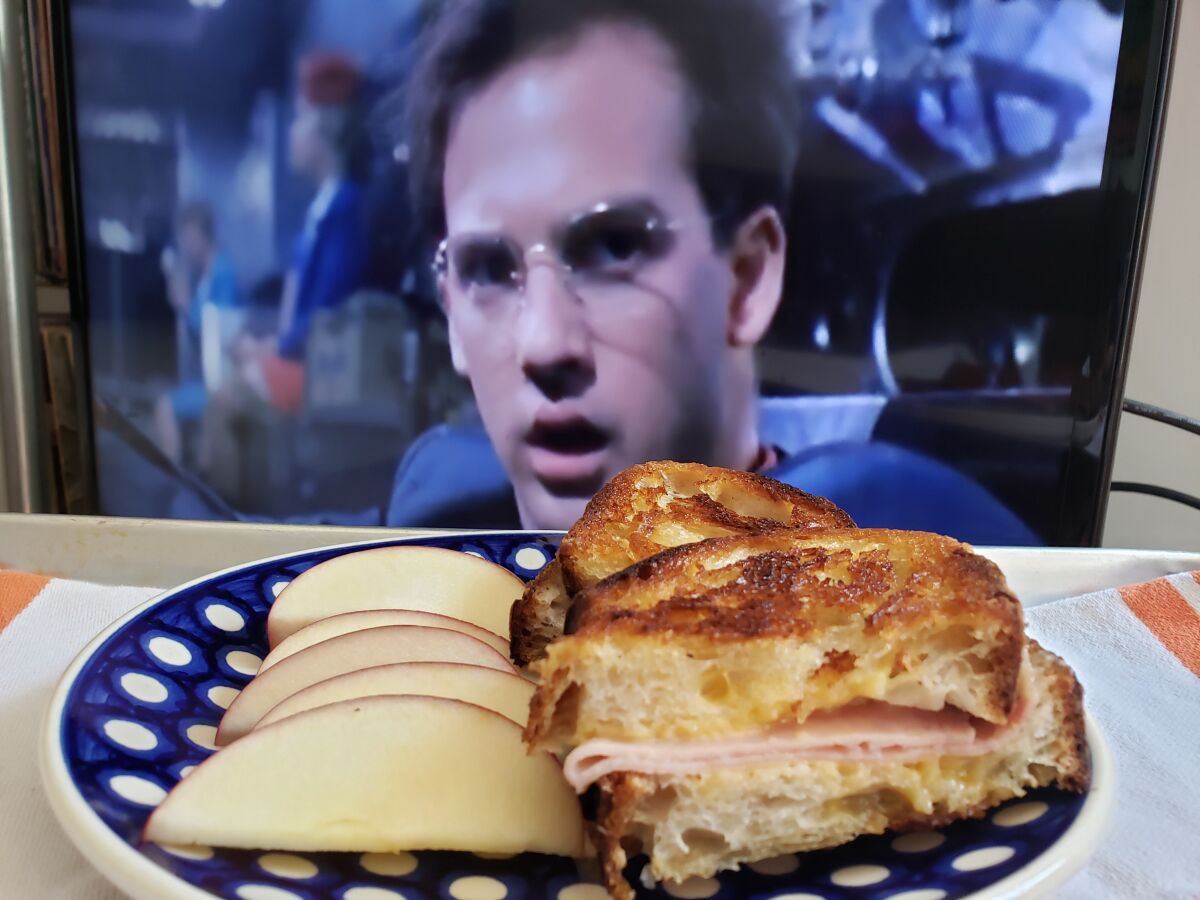 A grilled cheese and ham sandwich and a dazed Anthony Edwards in "Miracle Mile."