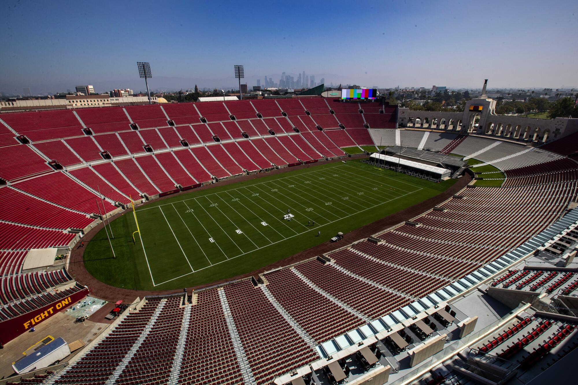 An above view of the Los Angeles Memorial Coliseum.