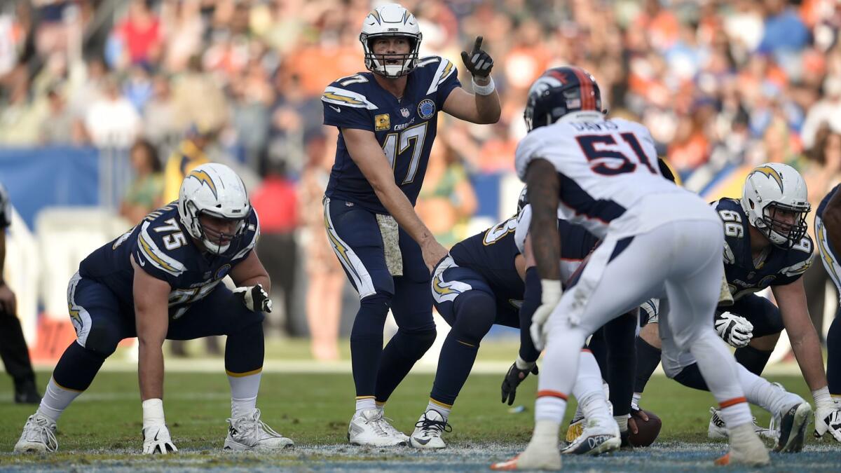 Philip Rivers calls the signals for the Chargers, who had their share pre-snap issues Sunday against Denver.