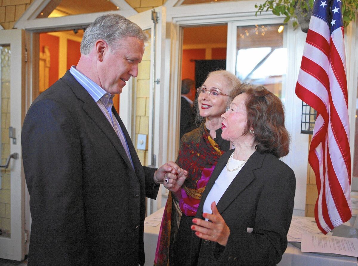 John Dennis, left, during his 2010 campaign against Rep. Nancy Pelosi, speaks with Nob Hill Republican Women's Club President Joan Leone, center, and Vice President Barbara Kerwick.