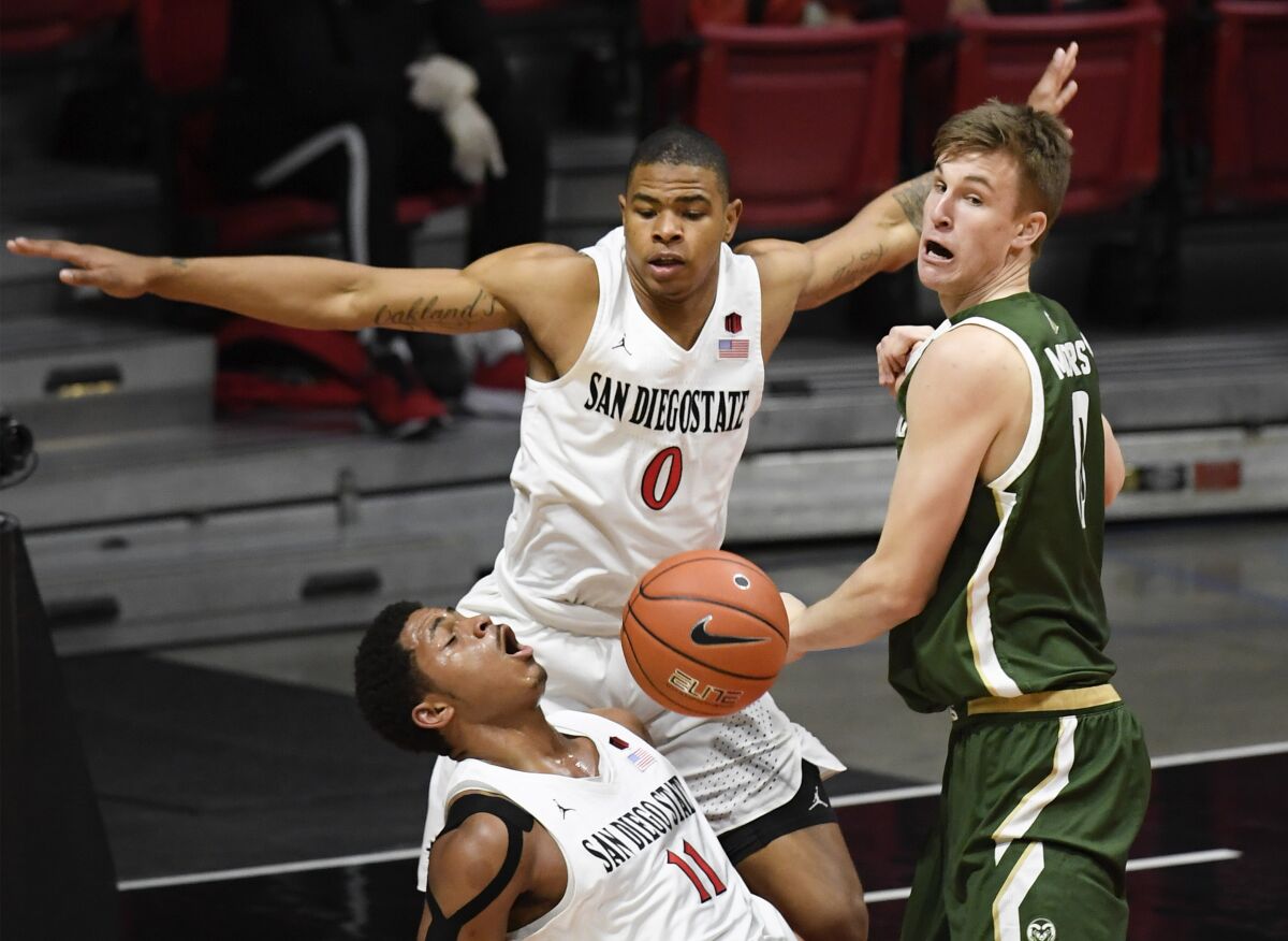 Forward Keshad Johnson (0), shown here against Colorado State, hopes to have a breakout season in his third year at SDSU.