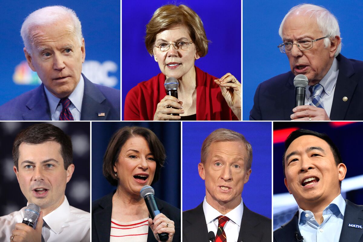 Democratic presidential debate candidates Joe Biden, Elizabeth Warren, Bernie Sanders, Andrew Yang, Tom Steyer, Amy Klobuchar and Pete Buttigieg