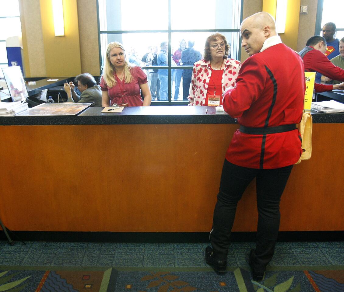 Seph, dressed as a Star Trek commander, visits from Northern California and is getting himself registered at the Grand Slam Convention: The Star Trek & Sci-Fi Summit at the Marriott Convention Center in Burbank on Friday, February 15, 2013. Seph preferred to keep his last name private.