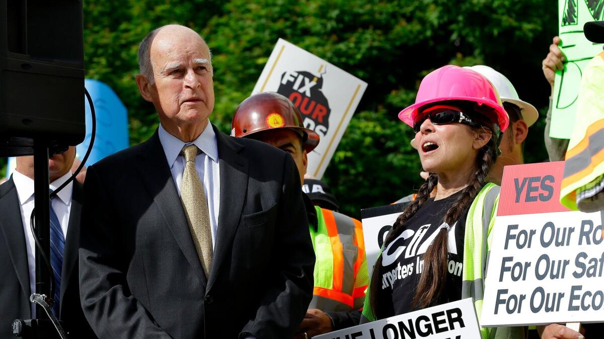 Gov. Jerry Brown appeared at a Capitol rally on April 5 to urge lawmakers to approve his transportation plan.