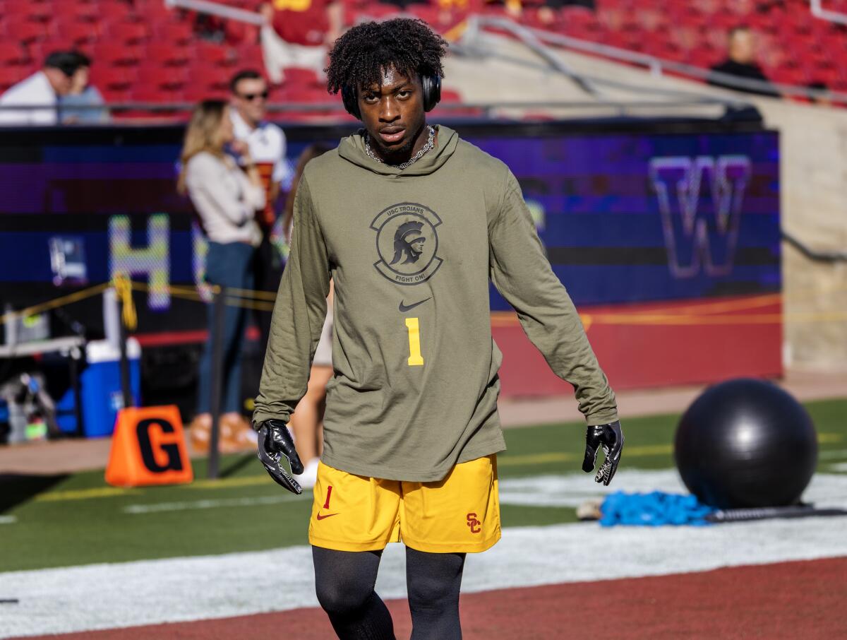 USC wide receiver Zachariah Branch warms up before a game against Washington in November.