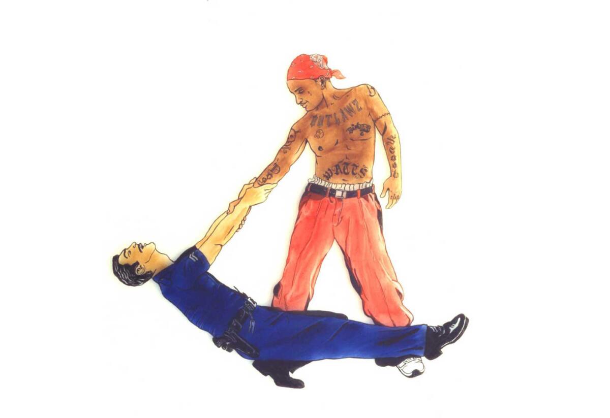 A painting by Alex Donis on Plexiglas shows a homeboy with chest tattoos doing a swing dance move with a cop