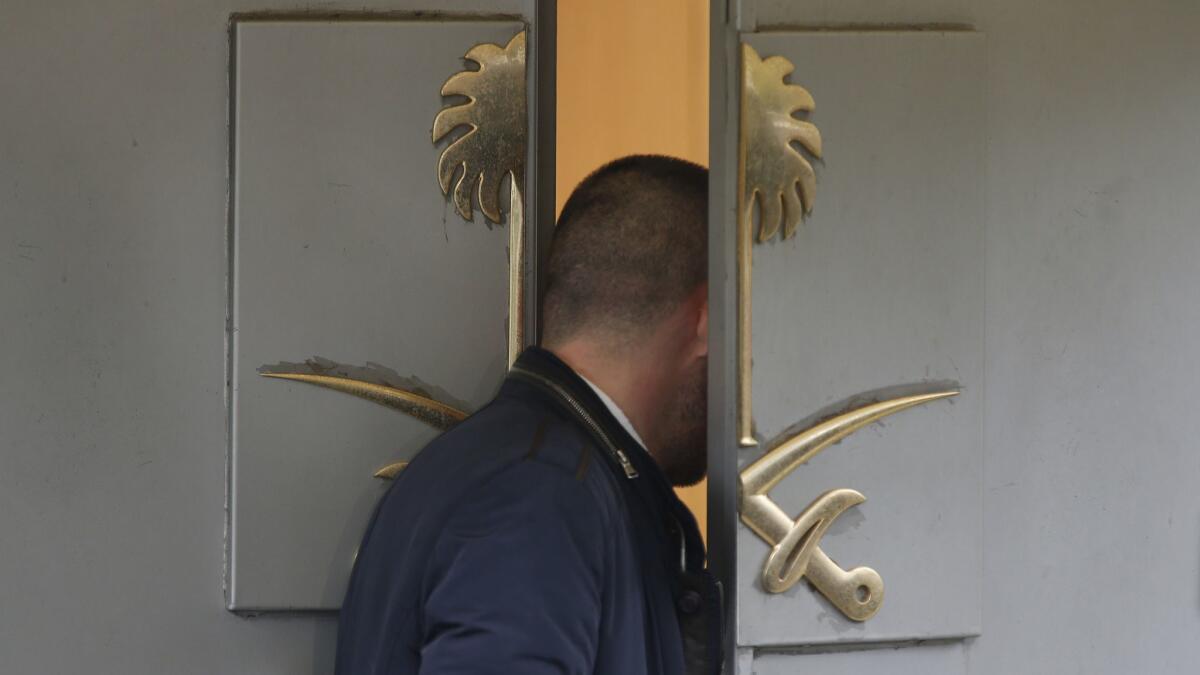 The doors of Saudi Arabia's consulate in Istanbul, Turkey. International reaction to what took place inside the building on Oct. 2, when Saudi journalist Jamal Khashoggi died there, now threatens the Saudi government and its crown prince.
