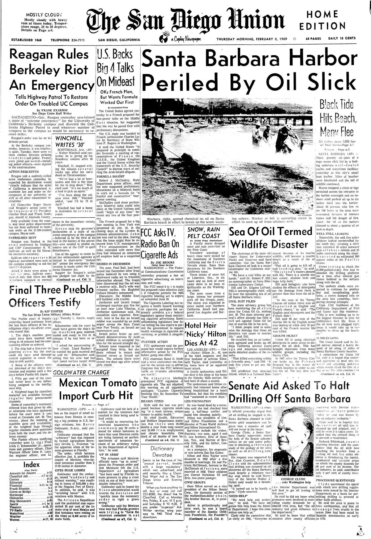 Front page of The San Diego Union, Feb. 6, 1969 with news of the catastrophic Santa Barbara oil spill.