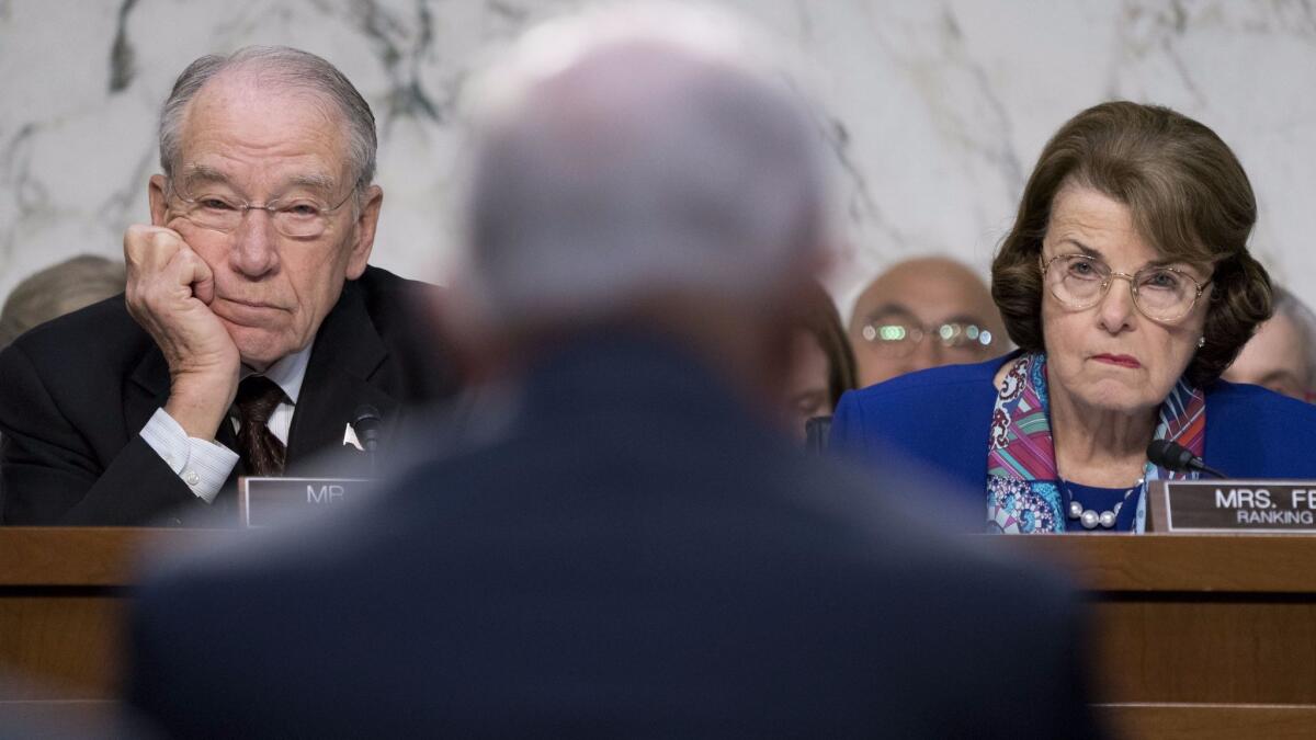 Senate Judiciary Committee Chairman Chuck Grassley of Iowa and ranking Democrat Dianne Feinstein of California.