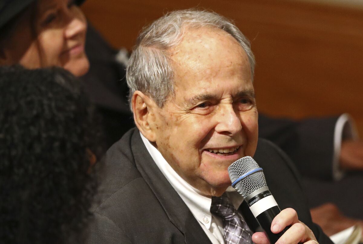 FILE - The Honorable Sam Massell, 53rd Mayor of Atlanta, delivers his remarks during the funeral celebrating the life, legacy, and spirit of the honorable Emma Darnell, a Fulton County Commissioner for 27 years, at Jackson Memorial Baptist Church on Monday, May 13, 2019, in Atlanta. Massell, who was the first Jewish mayor of Atlanta as well as the driving force behind the creation of the region’s commuter train, died Sunday, March 13, 2022. He was 94. (Curtis Compton/Atlanta Journal-Constitution via AP, File)