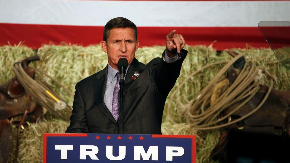 Former Trump administration national security advisor Michael Flynn during a Trump campaign rally in Golden, Colo., in October 2016.