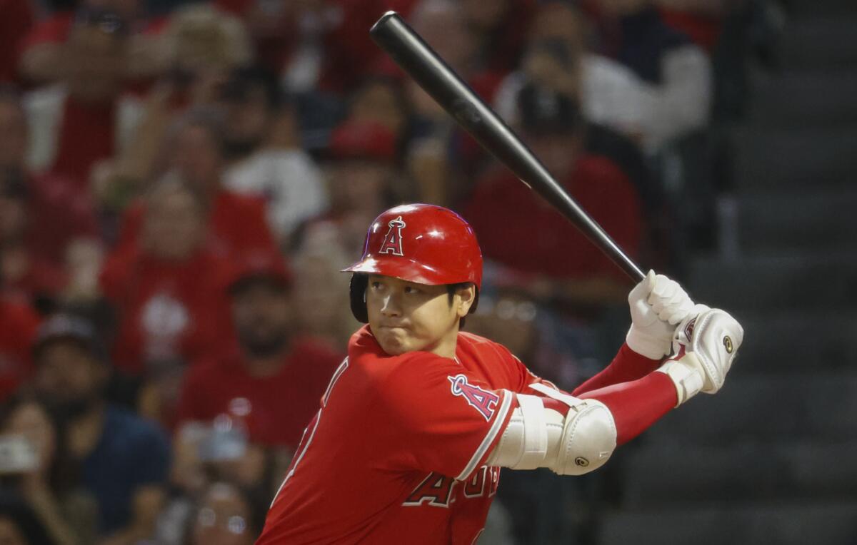 Los Angeles Angels' Shohei Ohtani awaits a pitch in the batter's box