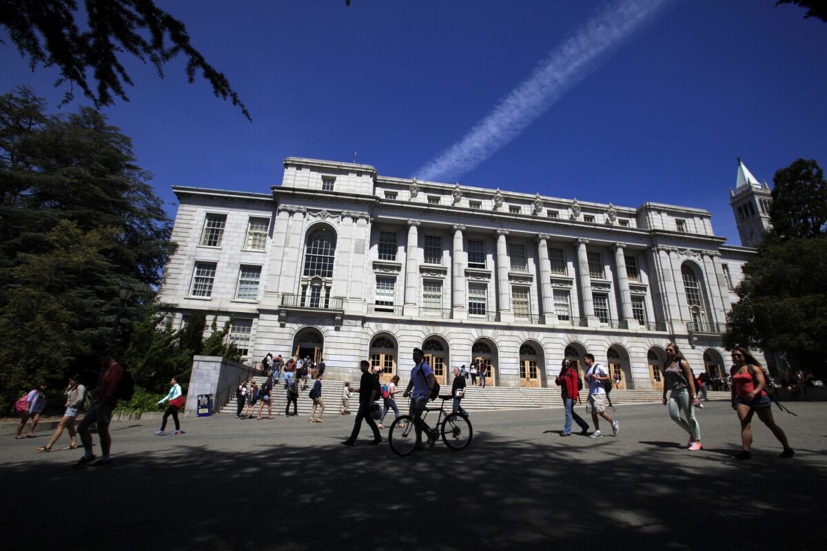 California high school seniors faced a tougher time winning a freshman spot at most of the UC campuses for the fall, with their chances at UCLA and UC Berkeley now fewer than one in five. UC Berkeley's Wheeler Hall is pictured.