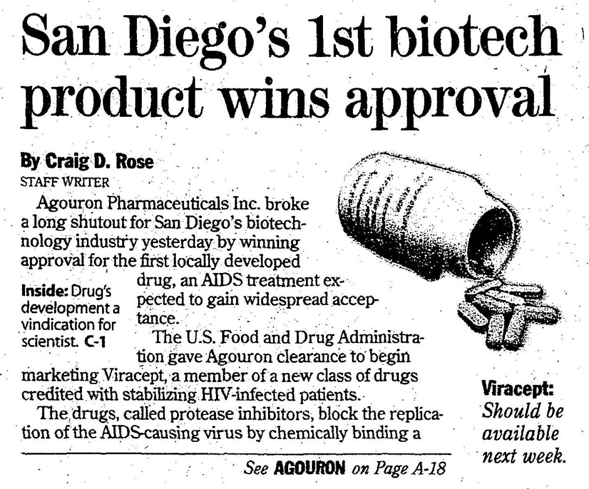 "San Diego's 1st biotech product wins approval," headline from The San Diego Union-Tribune, March 15, 1997.