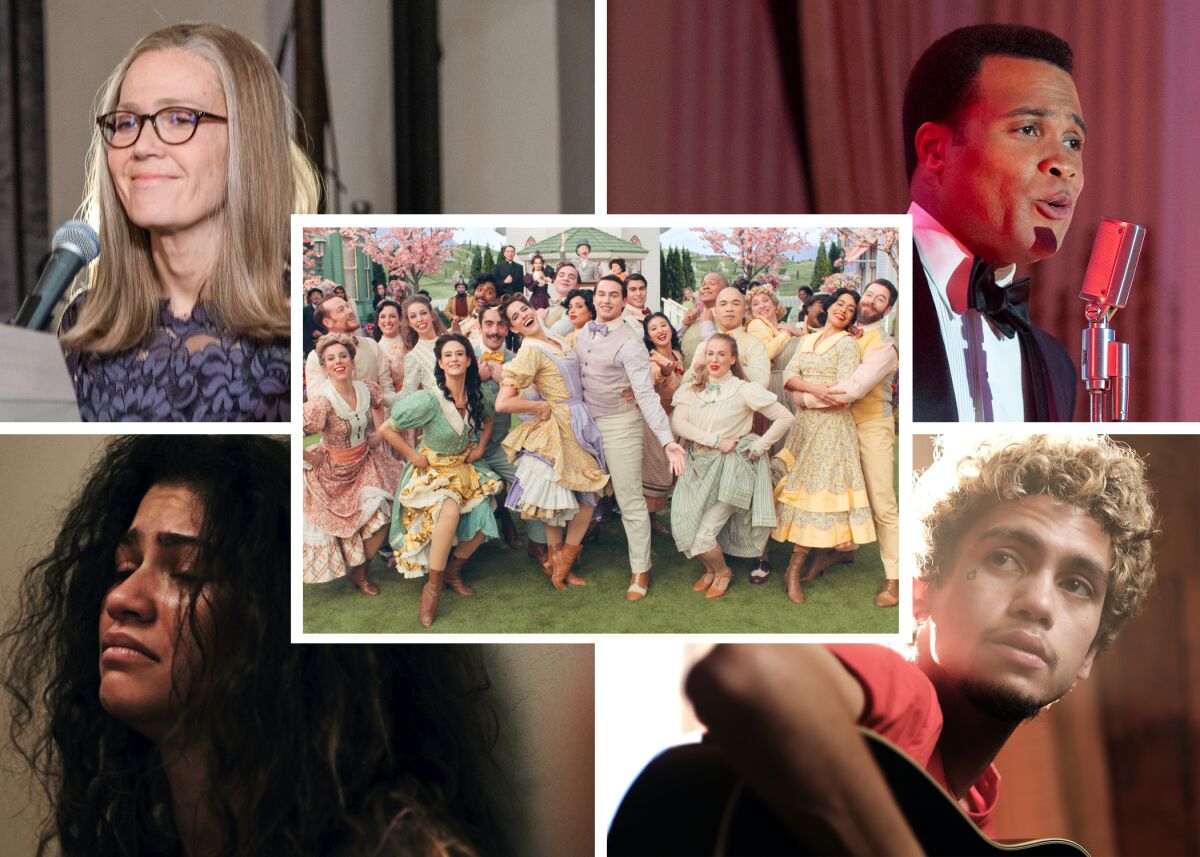 Stills representing the five Emmy nominees for original music and lyrics, 2022. 