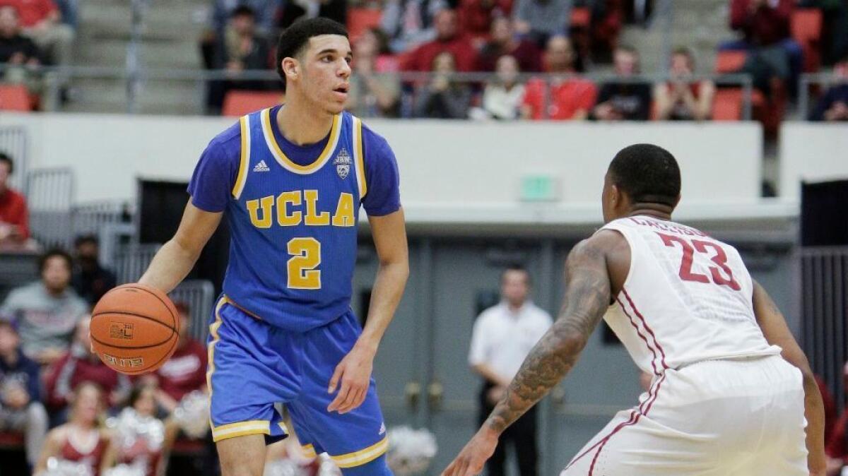 UCLA guard Lonzo Ball dribbles the ball while defended by Washington State guard Charles Callison during a game on Feb. 1, 2017.