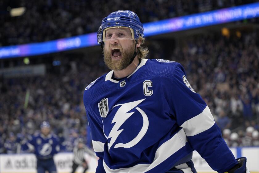 FILE - Tampa Bay Lightning center Steven Stamkos reacts after his goal.