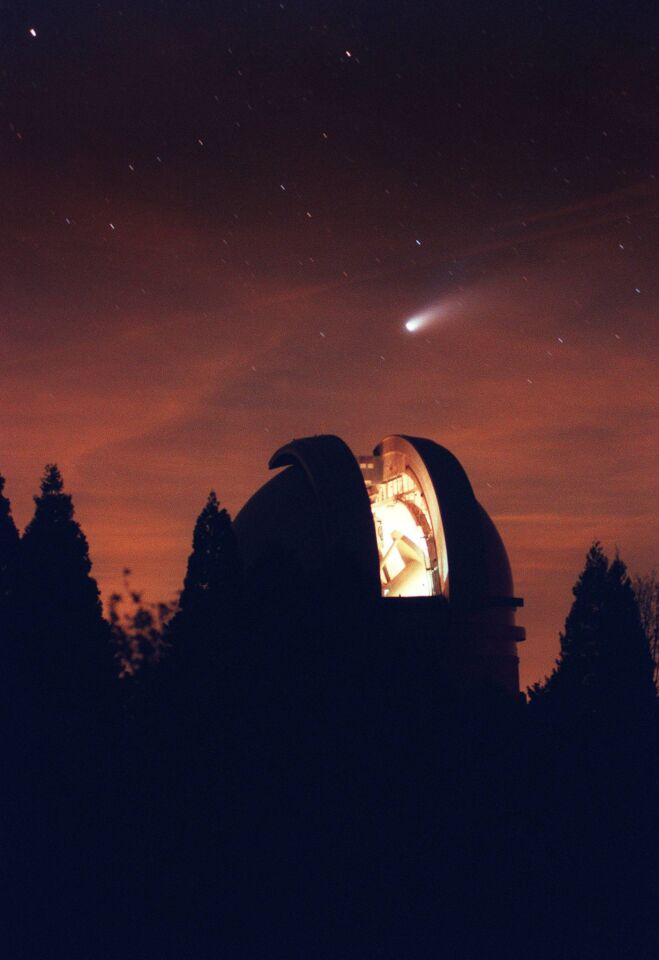 Heaven's Gate followers thought the arrival of the Hale-Bopp comet was their chance to exit Earth on a following space craft. The comet was seen above the Hale telescope at the Mount Palomar observatory on March 26, 1997, the same day 39 bodies of members of the cult were discovered in their rented Rancho Santa Fe mansion.
