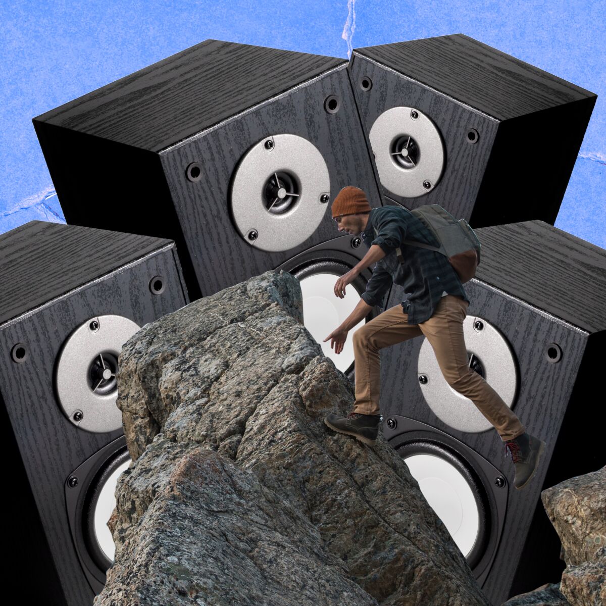 A photo illustration of a hiker surrounded by subwoofers.