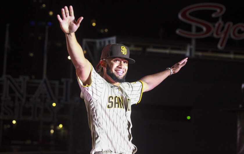 Fernando Tatis Jr. during the Padres' unveiling of their new brown uniforms.