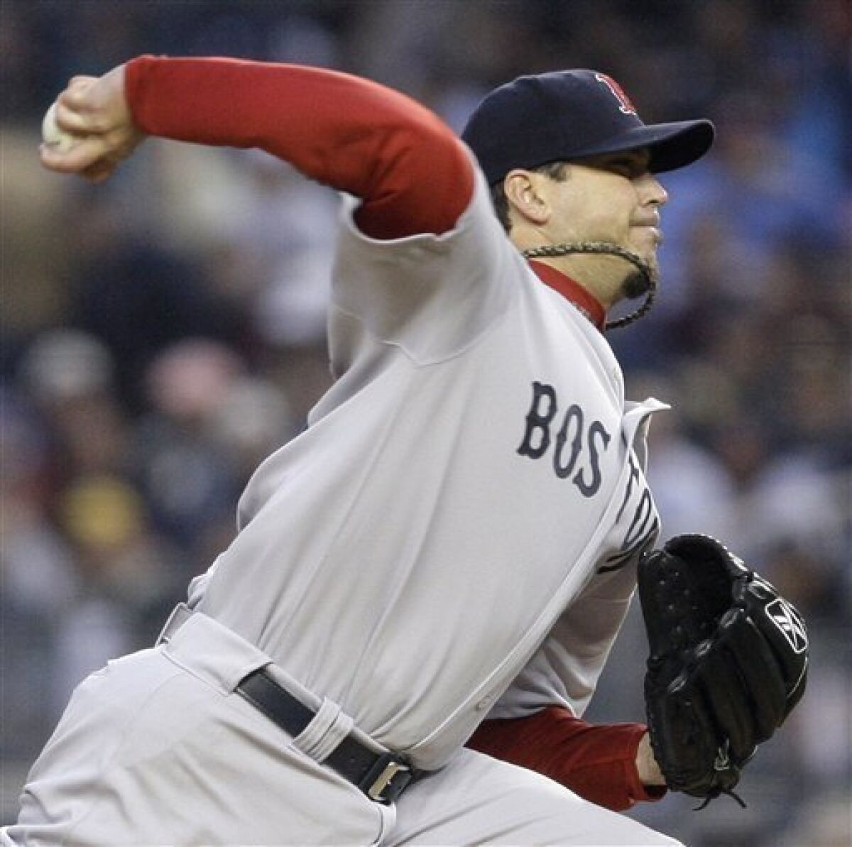 Boston Red Sox's Josh Beckett delivers against the New York Yankees in the first inning of a baseball game Tuesday, May 5, 2009, at Yankee Stadium in New York. (AP Photo/Julie Jacobson)