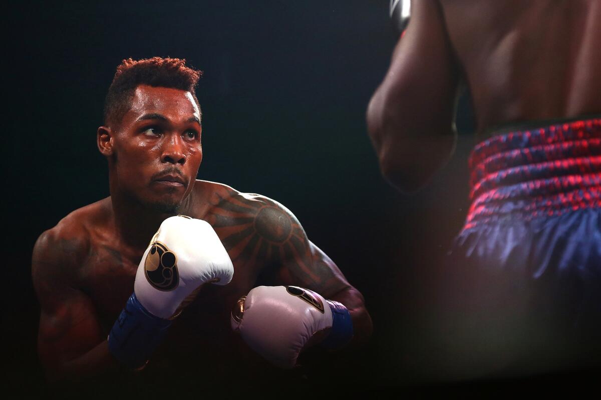 Jermall Charlo, lef, looks for an opening during a bout against Wilky Campfort on Nov. 28, 2015, in Dallas.