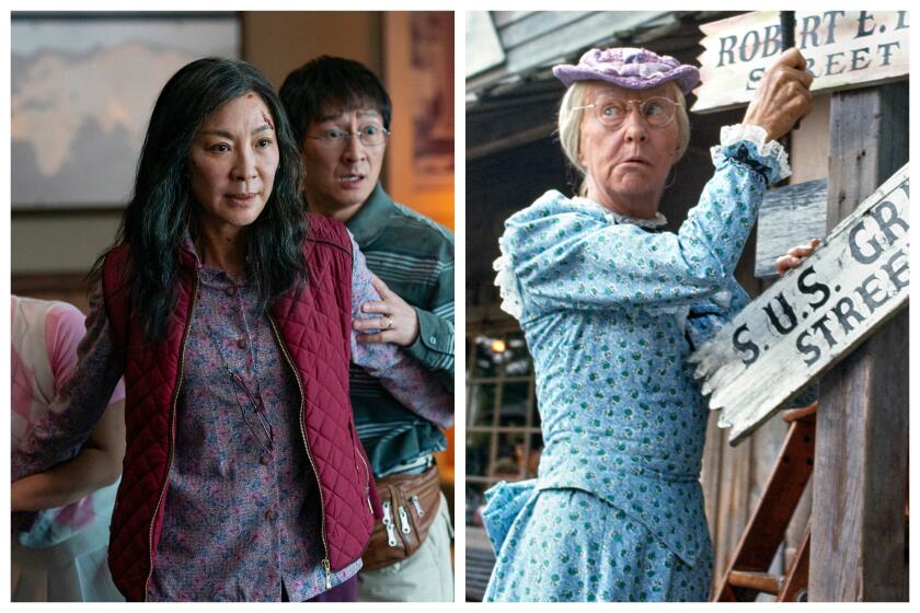 A diptych of Michelle Yeoh in a scene from Everything Everywhere All at Once" and Irene Ryan in "The Beverly Hillbillies.”