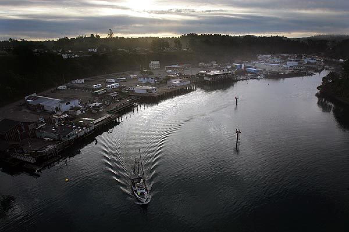 A fishing boat leaves Noyo Harbor in Fort Bragg, Calif., which has considered a name change.