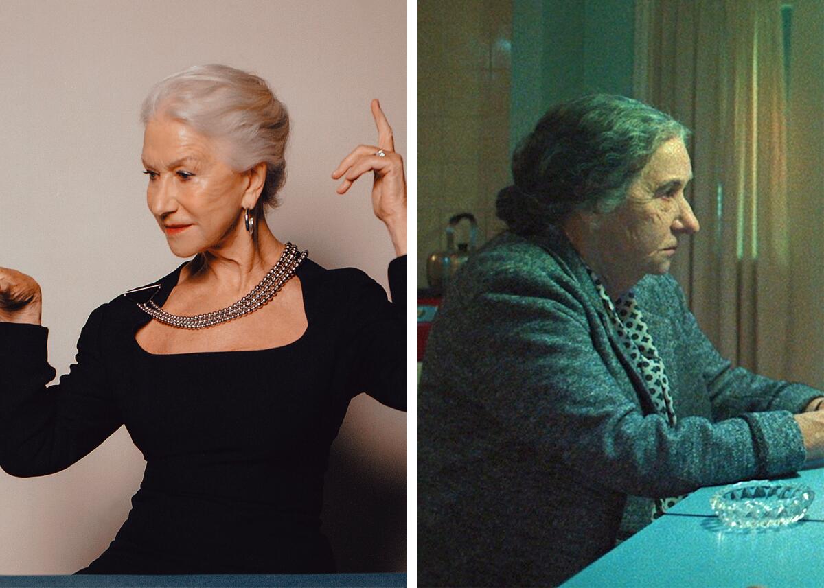 A portrait of Helen Mirren juxtaposed with Mirren aged in heavy makeup and slouching as Golda Meir.