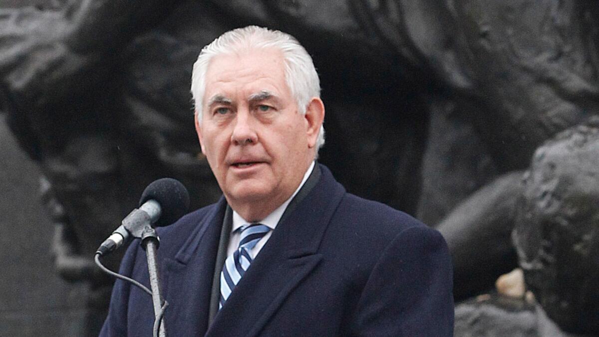 U.S. Secretary of State Rex Tillerson speaks during a ceremony at the 1943 Warsaw Ghetto Uprising memorial marking International Holocaust Remembrance Day in Warsaw, Poland, on Saturday.