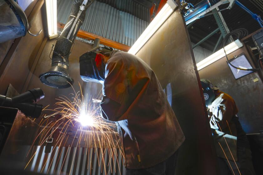 Mike S. A retired Marine Corps Sgt., a student at Workshops for Warriors, a nonprofit that trains veterans for jobs in manufacturing, does gas medal arc welding as part of the certification process. The facilities in Barrio Logan are expanding. Photographed November 6, 2019 in San Diego, California. (Note: They asked that we not use last names.)