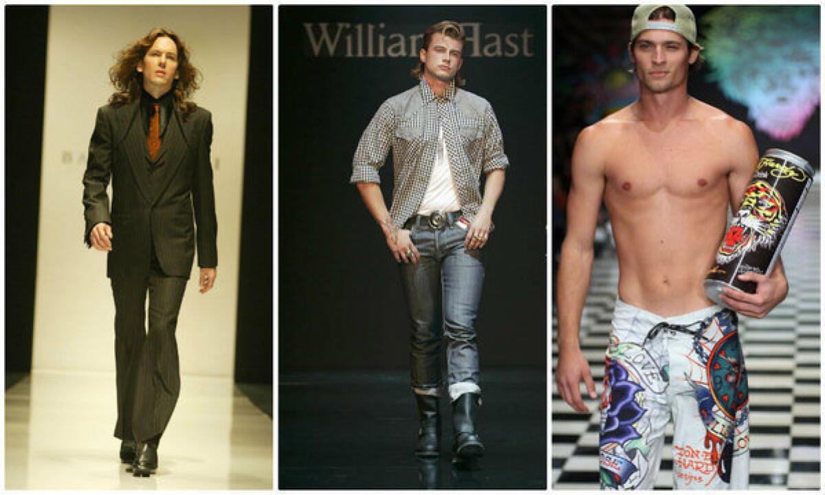 Past iterations of Los Angeles Fashion Week shows have included looks from, left to right, Bao Tranchi (2003), William Rast (2006) and Ed Hardy (2008). Organizers of a new, dedicated men's fashion week expect to debut at the California Market Center this October.