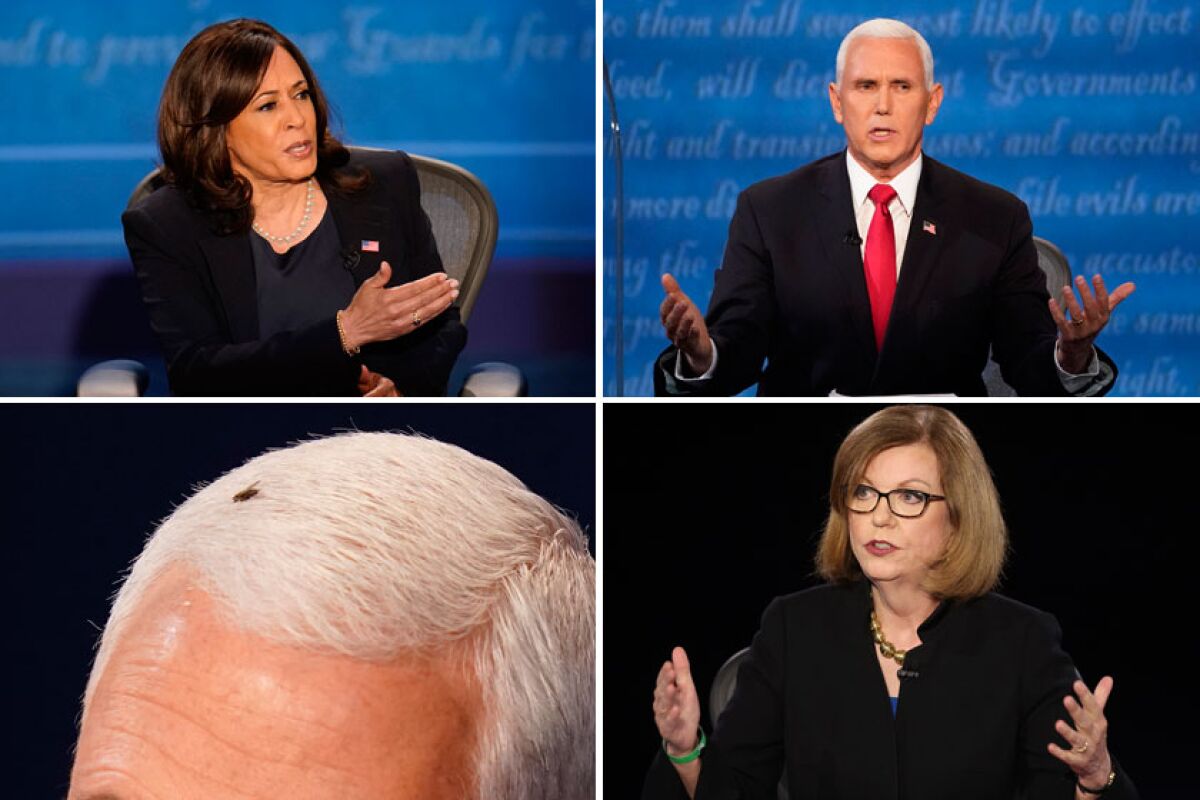 Collage of Kamala Harris, Mike Pence and debate moderator Susan Page