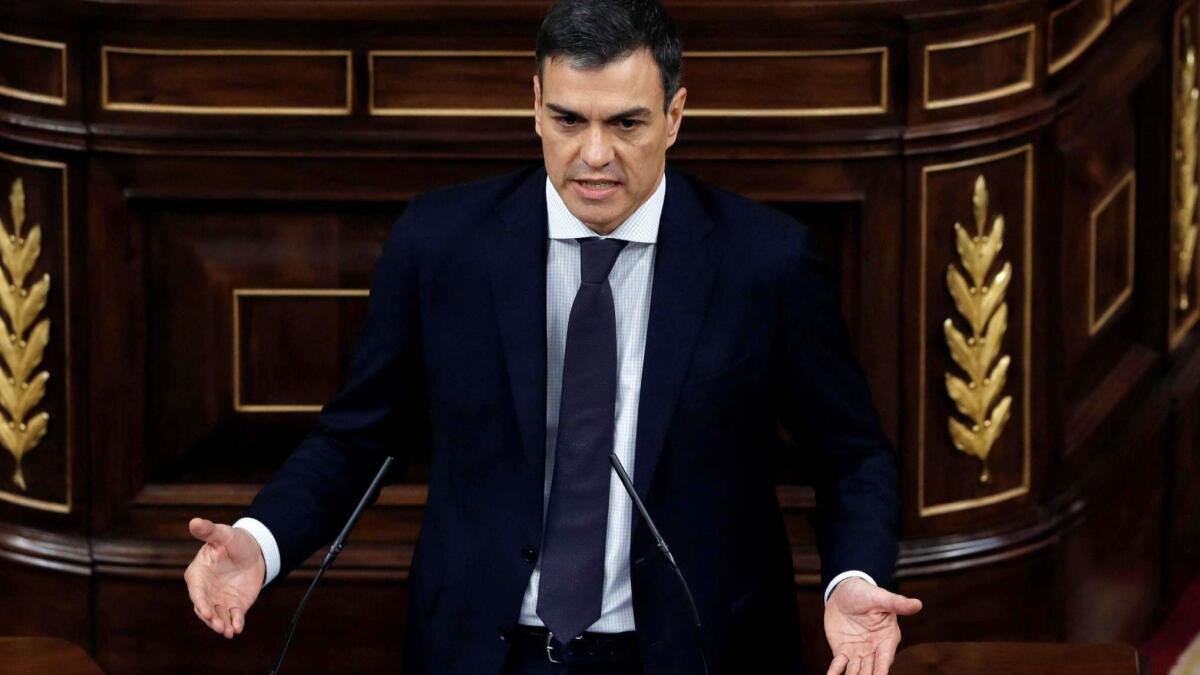 Socialist Pedro Sanchez speaks during a debate on a no-confidence motion at the Lower House of the Spanish Parliament in Madrid.