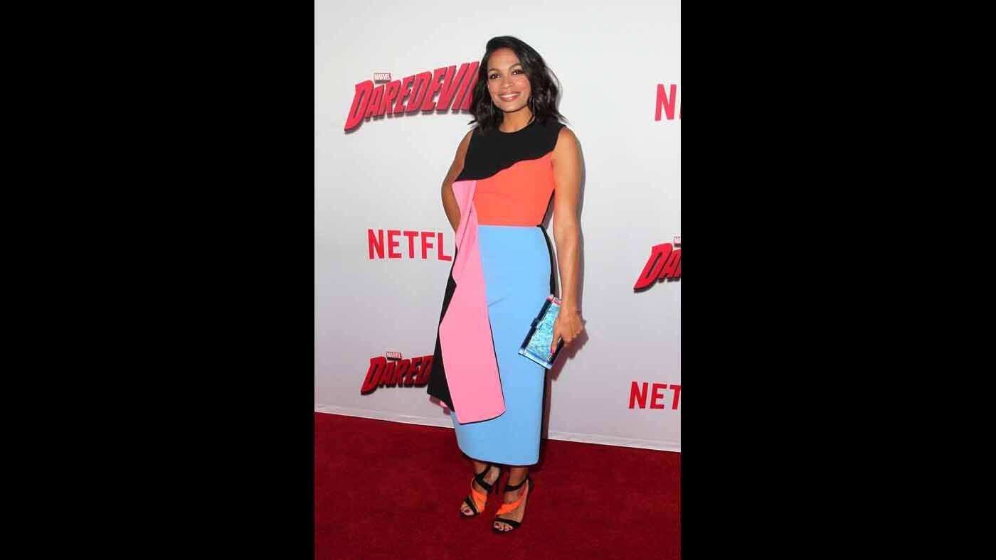 Rosario Dawson wore Roksanda Ilincic's spring 2015 color-blocked Pembroke dress to the premiere of Netflix's "Marvel's Daredevil."