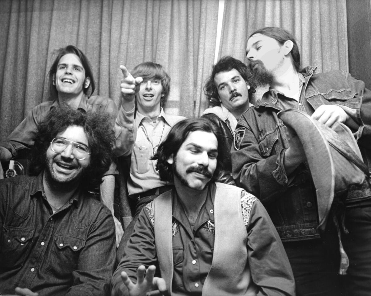 The Grateful Dead in 1970, clockwise from upper left: Bob Weir, Phil Lesh, Bill Kreutzmann, Ron "Pigpen" McKernan, Mickey Hart and Jerry Garcia.