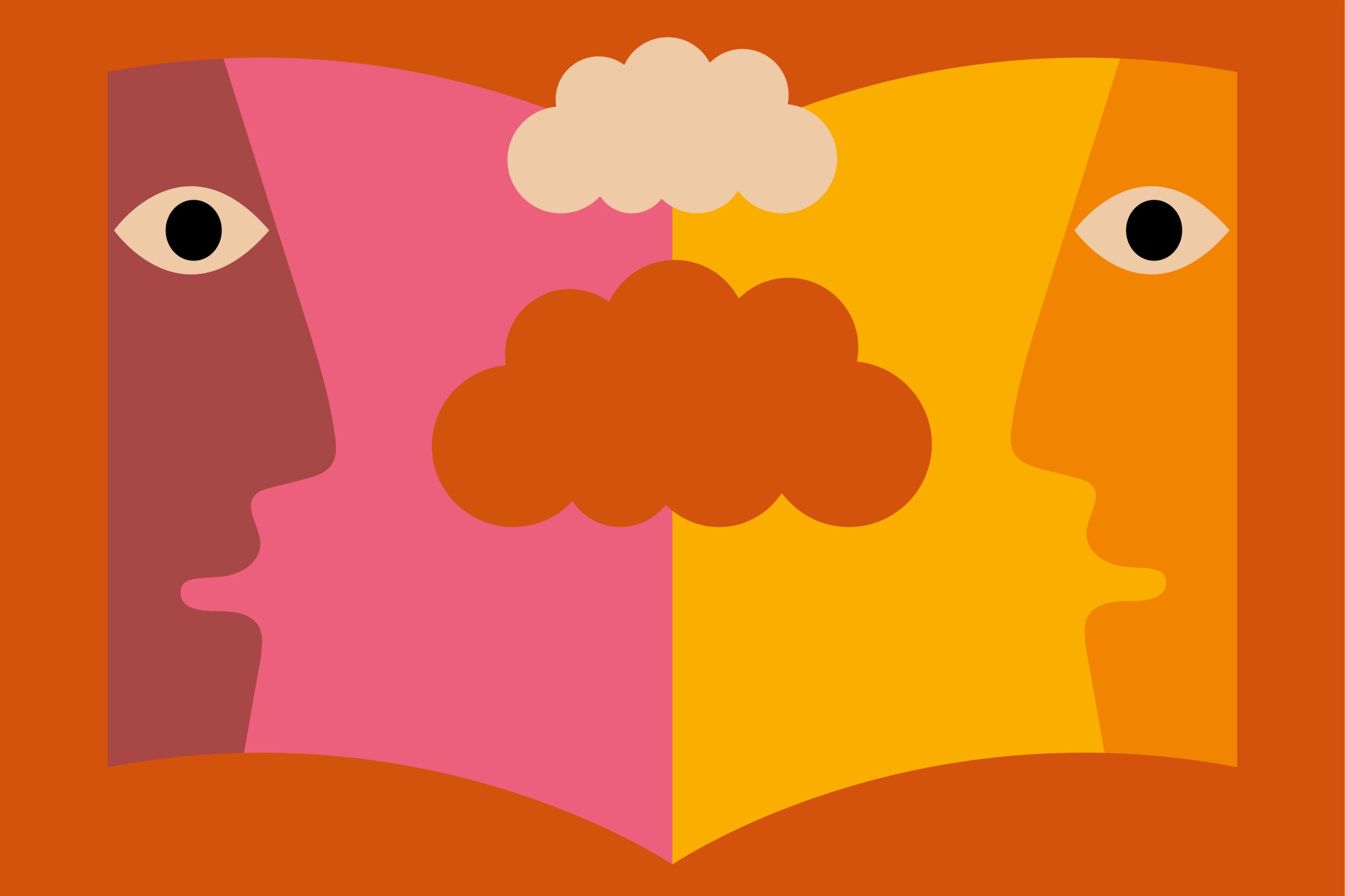 Illustration of two faces, an open book and clouds