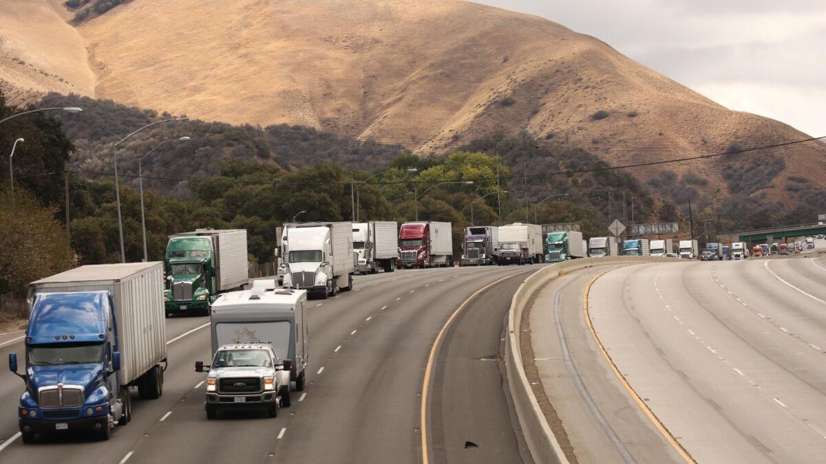 Vehicles travel along the 5 Freeway through the Grapevine in 2015.