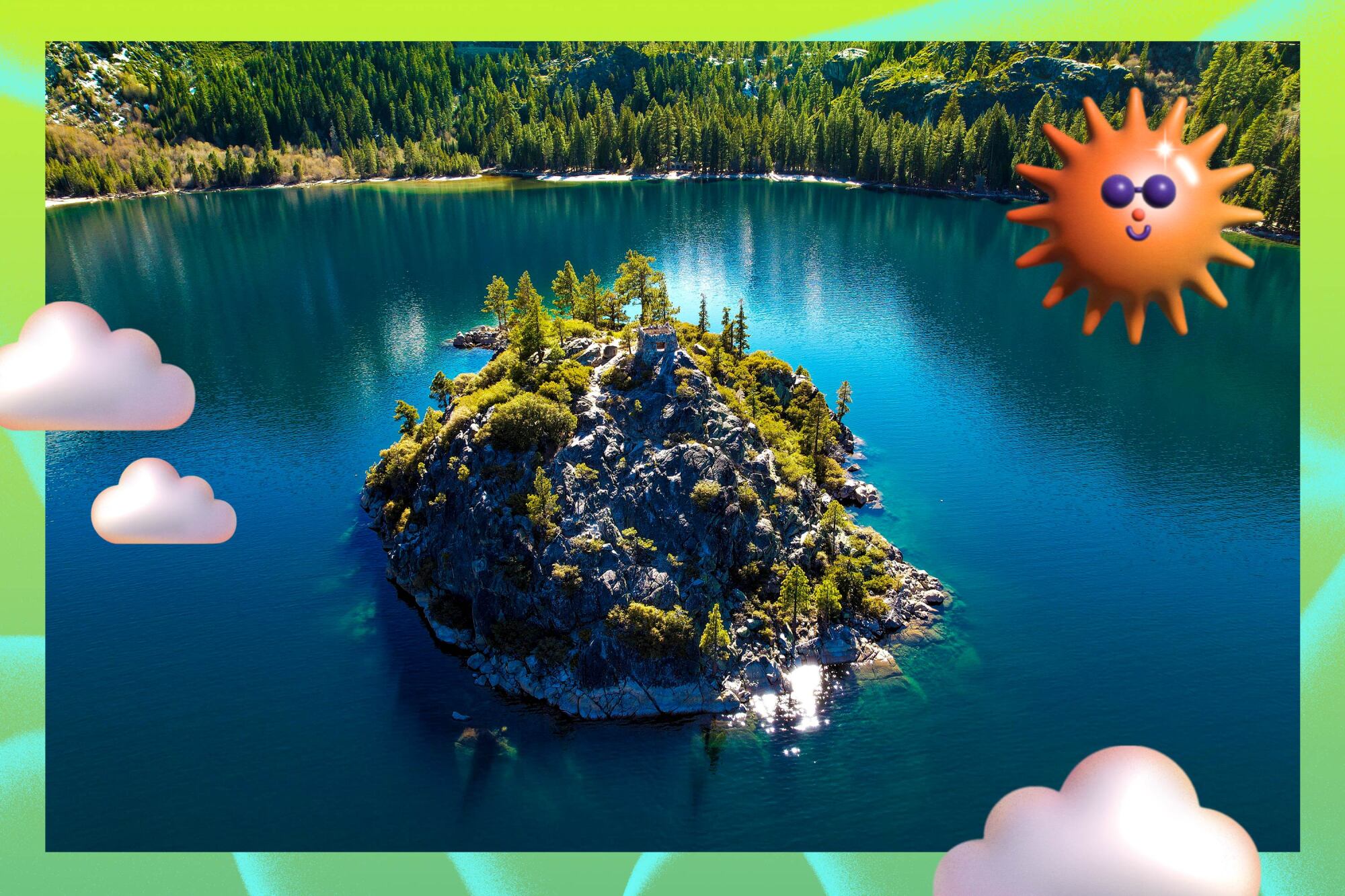 A small island in a deep blue lake, near a forested shore, with illustrated sun and clouds hanging over it.